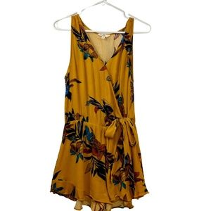 Entro Mustard Yellow Floral Gauzy Wrap Top Romper